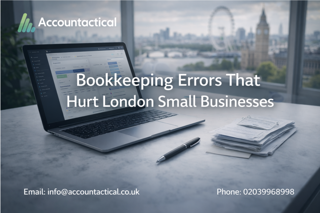 Laptop showing bookkeeping software with London skyline in background representing bookkeeping errors affecting small businesses in London.