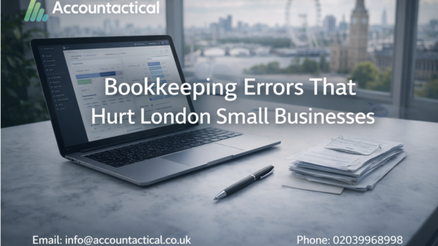 Laptop showing bookkeeping software with London skyline in background representing bookkeeping errors affecting small businesses in London.