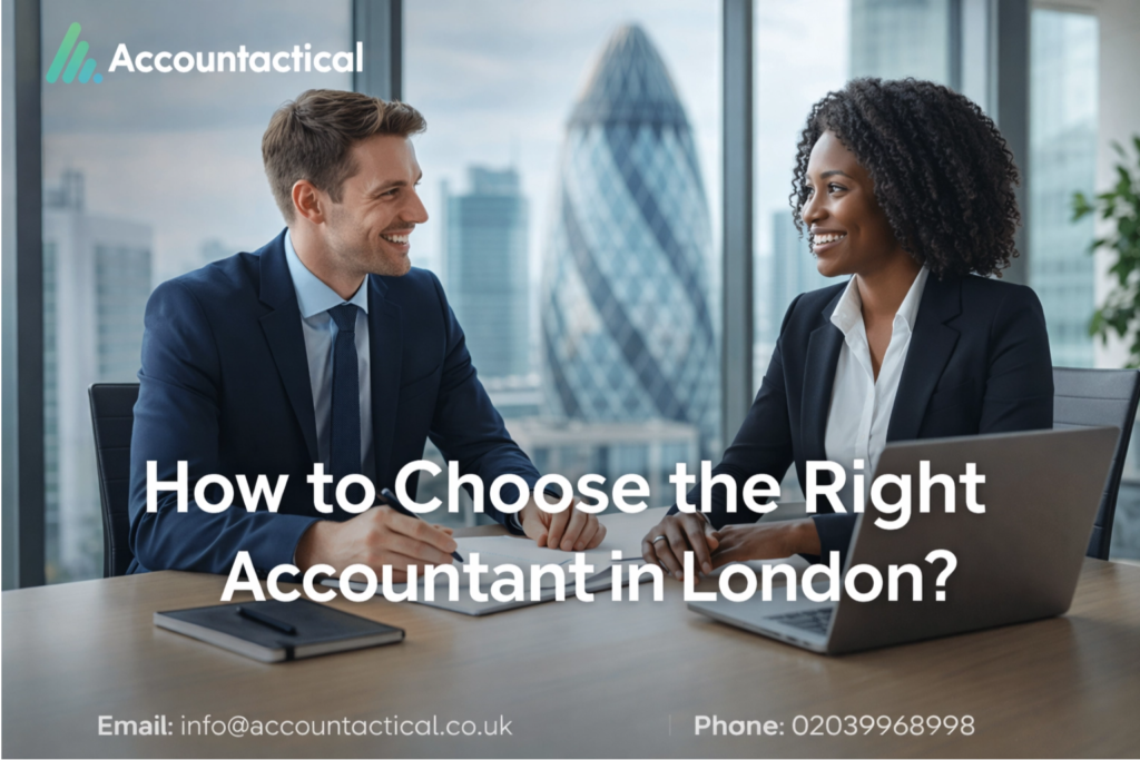 Business professionals discussing how to choose the right accountant in London with city skyline in background.