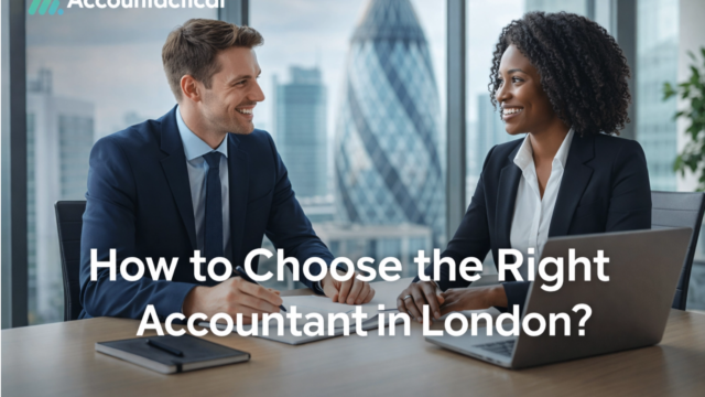 Business professionals discussing how to choose the right accountant in London with city skyline in background.