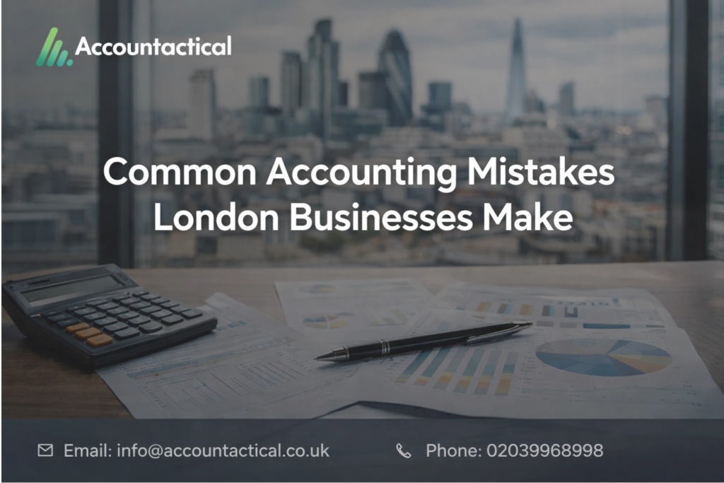 Common accounting mistakes London businesses make – financial reports and calculator on desk with London skyline background.