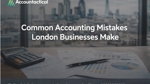 Common accounting mistakes London businesses make – financial reports and calculator on desk with London skyline background.