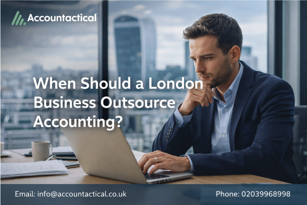 London business owner working on laptop considering when to outsource accounting services.