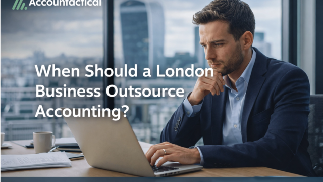 London business owner working on laptop considering when to outsource accounting services.