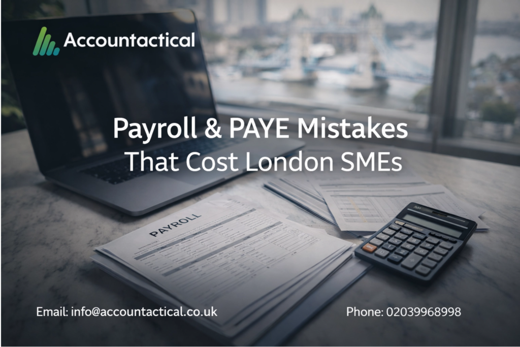 Laptop, payroll documents, and calculator on a desk with London skyline in the background and text “Payroll & PAYE Mistakes That Cost London SMEs” by Accountactical.