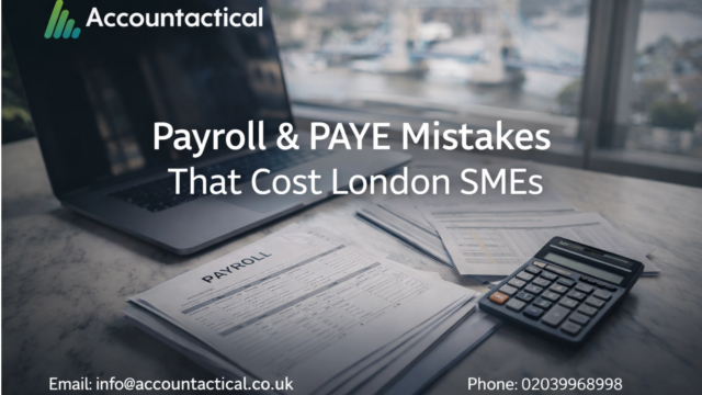Laptop, payroll documents, and calculator on a desk with London skyline in the background and text “Payroll & PAYE Mistakes That Cost London SMEs” by Accountactical.