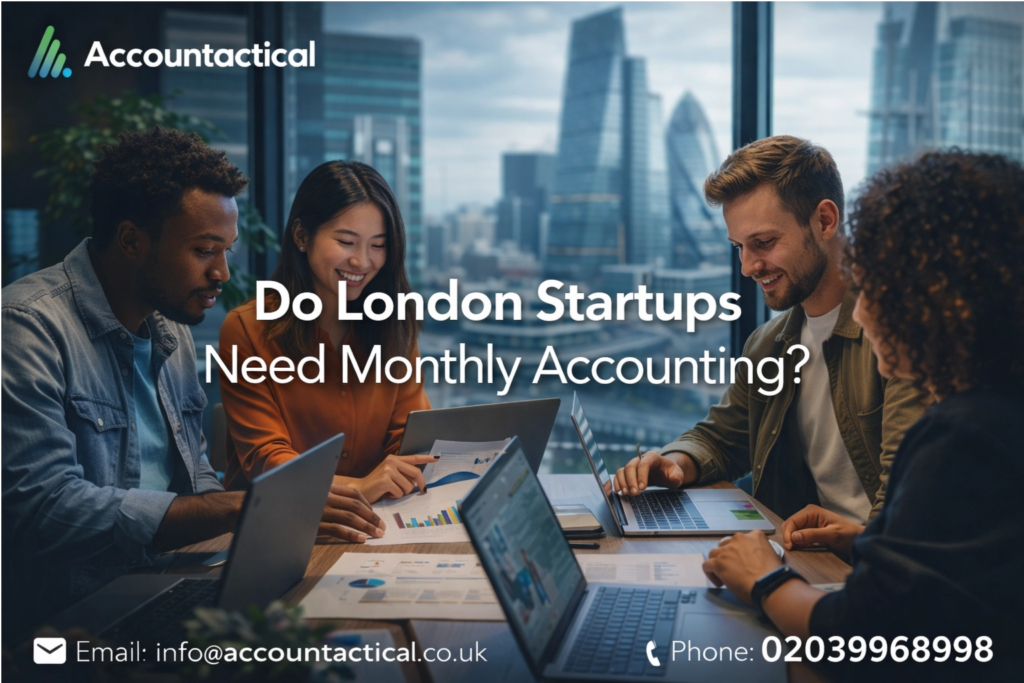 Four young professionals in a modern London office reviewing financial reports on laptops, with the London skyline in the background and text overlay reading “Do London Startups Need Monthly Accounting?” by Accountactical.