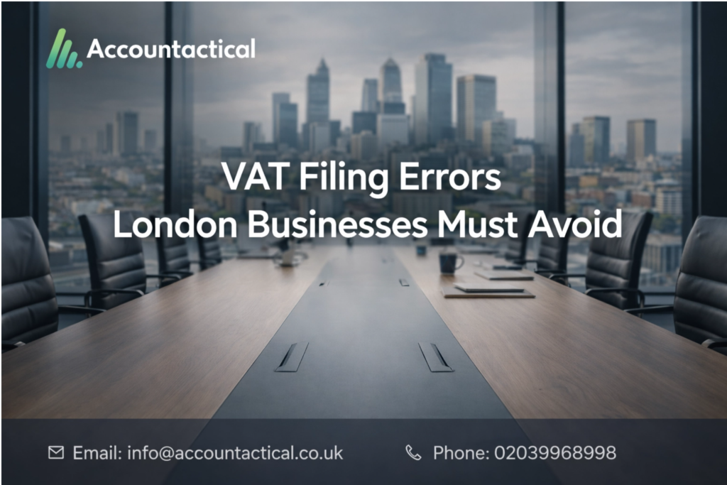 Conference room overlooking London skyline with text “VAT Filing Errors London Businesses Must Avoid” and Accountactical branding.