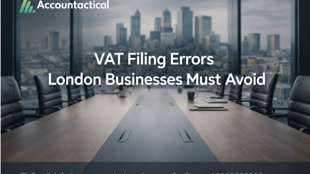 Conference room overlooking London skyline with text “VAT Filing Errors London Businesses Must Avoid” and Accountactical branding.